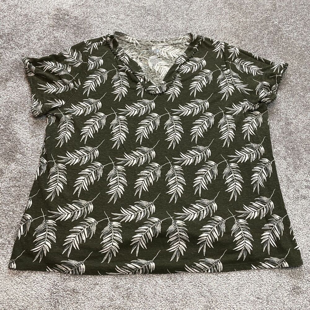 Croft & Barrow Blouse Shirt Womens 2X Green Linene Tropical V Neck Short Sleeeve